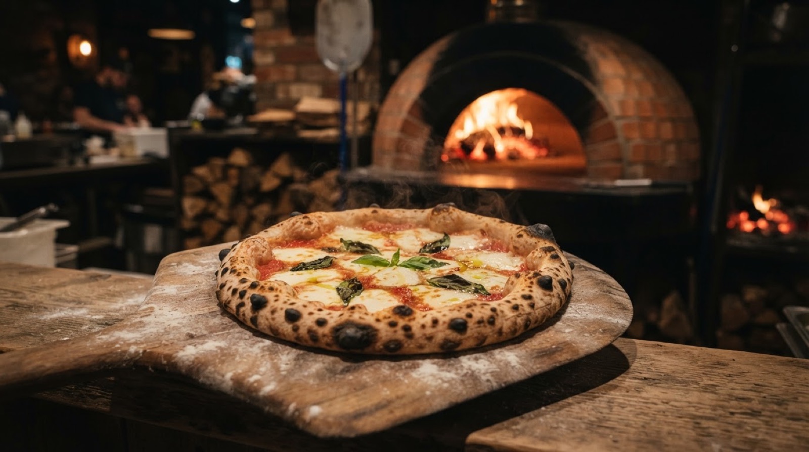 Steinofen im Pizza-Anhänger von Pizza Hänger mit frisch gebackener neapolitanischer Pizza