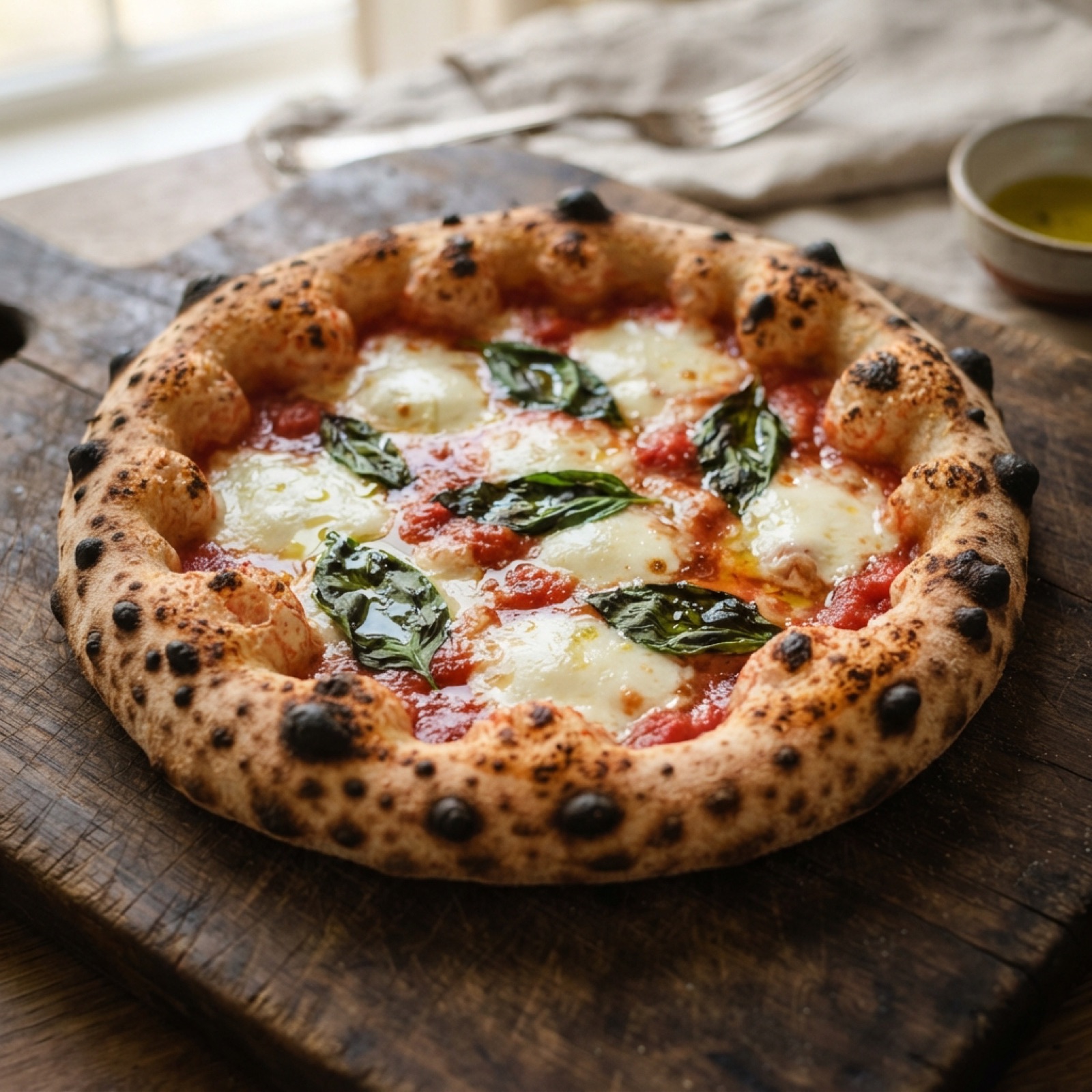 Neapolitanische Pizza mit dickem, luftigem Rand aus dem Steinofen